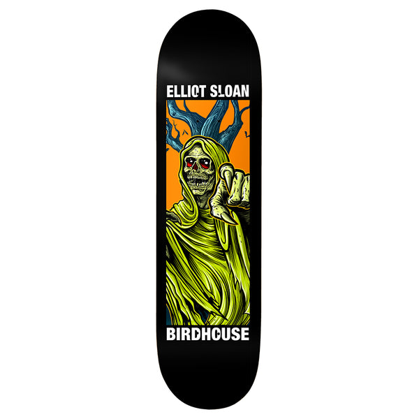 Birdhouse Elliot Sloan Second Life 8.38 skateboard deck: A green hooded skeletal reaper with glowing red eyes points towards the viewer, in front of a bare blue tree on an orange panel, framed on a black deck with white name and brand text.