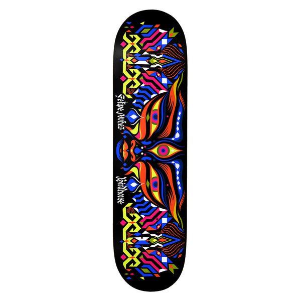 Birdhouse Felipe Nunes Entities 8.25 skateboard deck: A symmetrical, abstract face made of geometric shapes with bold staring eyes, orange swirling stripes and zigzag borders in neon colours on a black deck. Small hand-lettered names run down the centre.