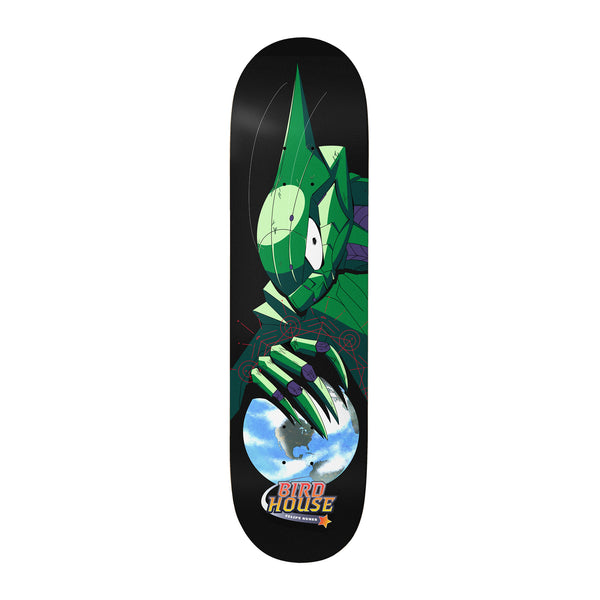 Birdhouse Felipe Nunes Red Shift 8.25 skateboard deck: A green anime-style armoured creature with a pointed head and clawed hand grips a small Earth globe, on a black deck. Birdhouse logo with rider name at the tail.