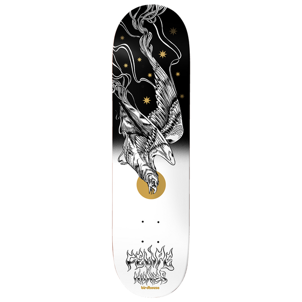 Birdhouse Felipe Nunes Resilient 8.25 skateboard deck: Black-and-white engraving-style bird of prey diving head-first, with smoky trails and gold stars against a black sky that fades to white, and a gold circle behind its head. Metal-style 'Felipe Nunes' lettering and Birdhouse logo at the tail.