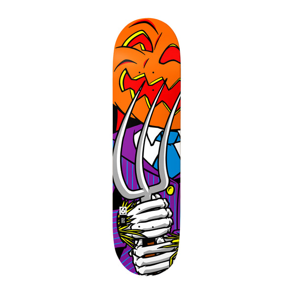 Birdhouse Felipe Nunes Pumpkin XL 8.25 skateboard deck: Cartoon scene of a figure in a purple pinstriped suit and blue tie with a jack-o'-lantern head, holding a large silver pitchfork in a skeleton hand. Bold black outlines and flat bright colours.