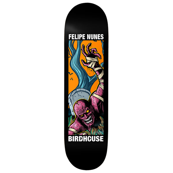 Birdhouse Felipe Nunes Second Life 8.25 skateboard deck: A bandaged, purple-skinned mummy zombie with yellow eyes claws out of a grave beside a headstone and bare blue tree, on an orange panel framed on a black deck. White name and brand text.