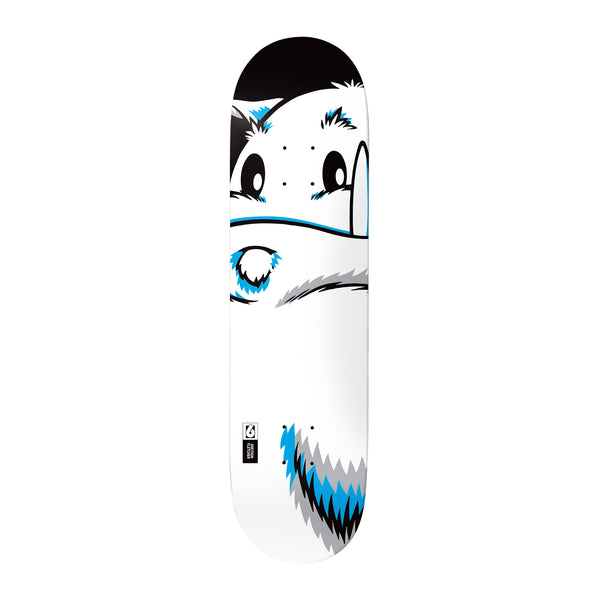 Birdhouse Greyson Fletcher Freeze Guy XL 8.625 skateboard deck: Cropped, oversized cartoon of a white furry yeti-like creature with big eyes, a horn and a cheek tuft, drawn in black outline with blue and grey accents on a white deck.