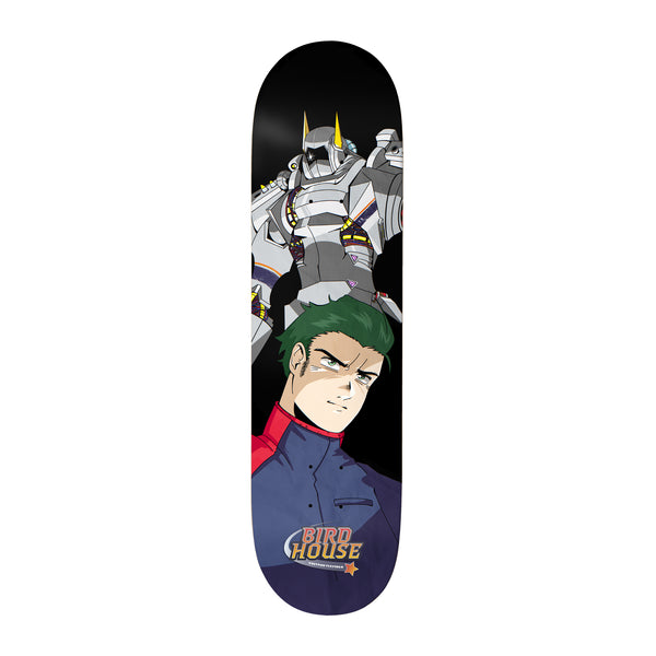 Birdhouse Greyson Fletcher Red Shift 8.625 skateboard deck: Anime-style illustration of a green-haired young man in a blue and red jacket with a large grey horned robot rising behind him, on black. Birdhouse logo at the tail.