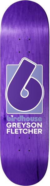 Birdhouse Greyson Fletcher Squared 8.625 skateboard deck: A large purple Birdhouse number-six style b logo on a lilac square, with the brand name in white and the rider name below, on a purple stained deck.
