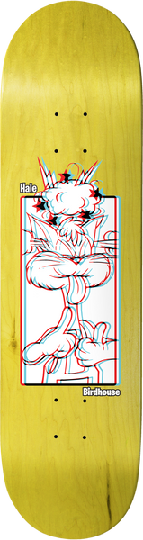 Birdhouse Hale 3D Animals 8.7 skateboard deck: Cartoon cat with crossed arms and a tongue out, an exploding cloud above its head, drawn in red and blue 3D-glasses offset outline on a white panel, on a yellow stained deck.
