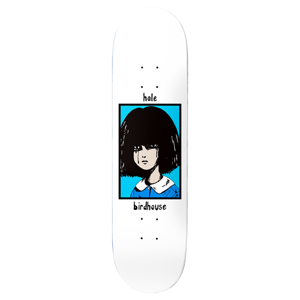 Birdhouse Hale Anniversary 8.3875 skateboard deck: A manga-style illustration of a tearful girl with a black bob and blue collared dress, inside a black-framed blue panel on a white deck, with 'hale' above and 'birdhouse' below in handwritten type.