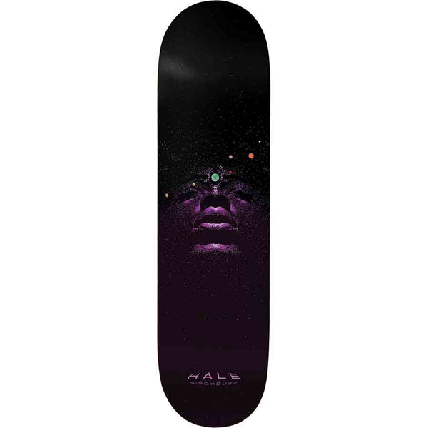 Birdhouse Hale Celestial Mother 8.7 skateboard deck: Stippled purple portrait of a woman's upturned face emerging from a dark starry sky, with a green gem on her forehead and small coloured planets around it. 'Hale' and Birdhouse lettering at the tail.