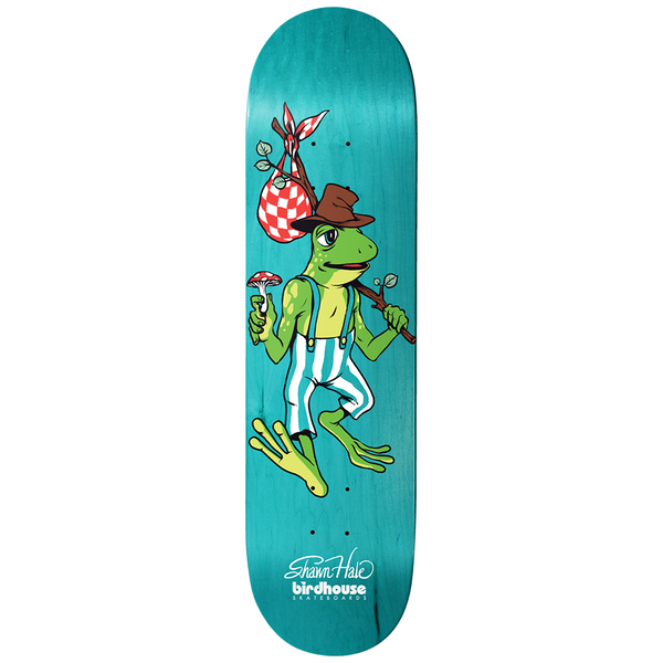 Birdhouse Hale Cosmic Toad 8.38 skateboard deck: A cartoon frog in a brown hat and striped dungarees carries a checked bindle on a stick and holds a red mushroom, on a teal-stained board, with 'Shawn Hale' signed and the Birdhouse logo at the bottom.