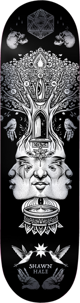 Birdhouse Hale Gateway 9.0 skateboard deck: Black and white detailed illustration of a tree growing from a three-faced head, with an open doorway in the trunk, skulls and a polyhedron at the top, hands holding birds, and a bowl with a flame. Doves, a star and open hands sit at the bottom above the rider name.