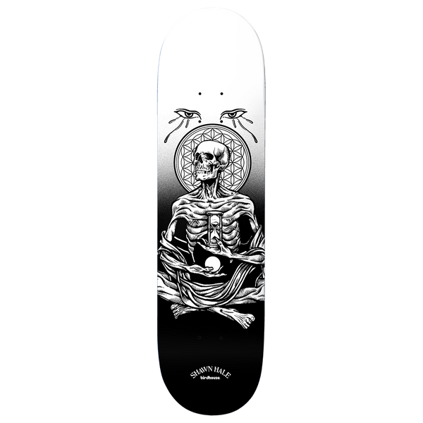 Birdhouse Hale Illusion of Death 8.62 skateboard deck: Black and white skeleton seated cross-legged holding an hourglass and orb in wrapped cloth, with a flower-of-life halo and two Eyes of Horus above, fading from white to black.