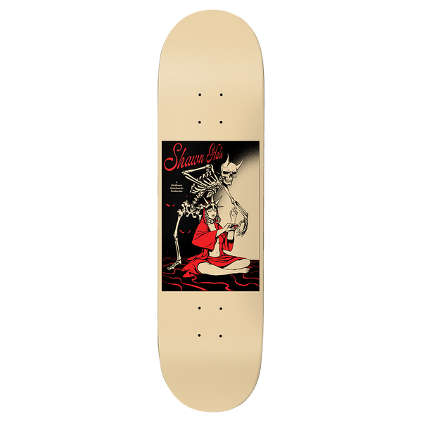 Birdhouse Hale Life Gives Death 8.5 skateboard deck: Poster-style panel of a horned skeleton looming over a seated woman in a red robe and crown, with red ripples beneath them. Script rider name and a production credit in the panel, on a cream deck.