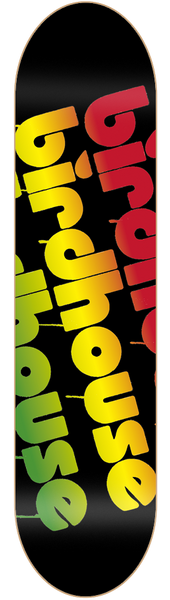 Birdhouse Triple Stack 8.0 skateboard deck: The brand name is repeated in stacked, overlapping lowercase rounded lettering over a black ground. The letters fade from red through orange and yellow to green.