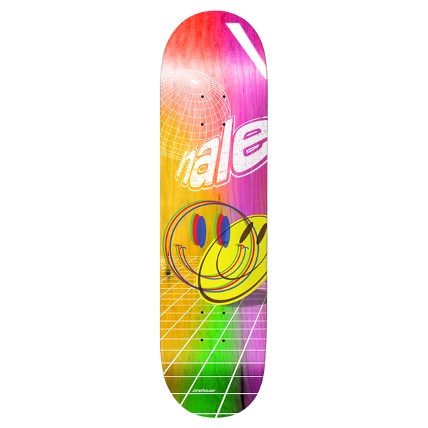 Birdhouse Hale Ravers 8.5 skateboard deck: Rave-inspired design with a glitching yellow smiley face over a neon perspective grid, a wireframe sphere and slanted white 'hale' lettering, on a rainbow gradient stained deck.