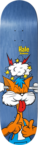 Birdhouse Hale Remix 8.25 skateboard deck: A cartoon orange cat with a blue tuft covers its ears and sticks out its tongue, with a puff of smoke, stars and red lightning bolts above its head, and its hands give the finger. It sits on a blue woodgrain ground.