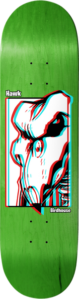 Birdhouse Hawk 3D Animals 8.25 skateboard deck: Close-up of an angry bull or horned animal head drawn in white with red and cyan 3D-glasses offset outlines inside a framed panel, on a green stained deck with the rider and brand names in small white boxes.