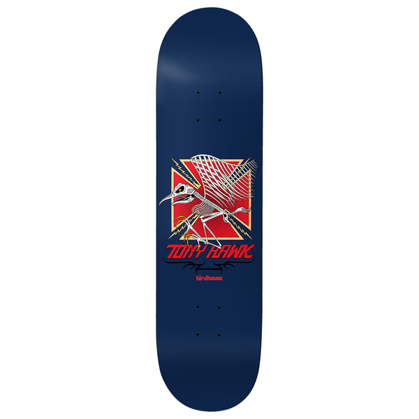 Birdhouse Hawk Artifact 8.0 skateboard deck: A skeletal bird with a long beak and spread wings stands in front of a red iron cross edged with lightning bolts, above red Tony Hawk lettering and a small Birdhouse logo on a navy deck.