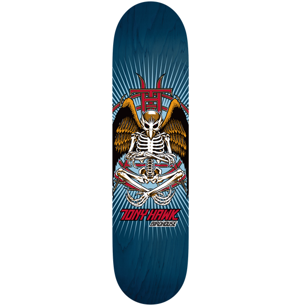 Birdhouse Tony Hawk Birdman 8.25 skateboard deck: Seated skeletal bird-man with brown wings and crossed legs, in front of a red emblem and light blue sunburst on a blue stained deck. Rider name and Birdhouse logo in a red panel at the bottom.