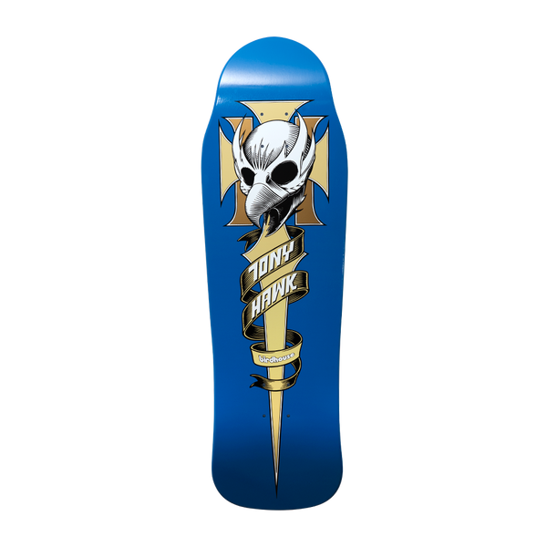 Birdhouse Hawk Crest Old School 9.75 skateboard deck: Old-school shaped blue deck with a white bird skull on a tan iron cross, above a gold sword-shaped ribbon spelling Tony Hawk. Birdhouse text on the ribbon below.