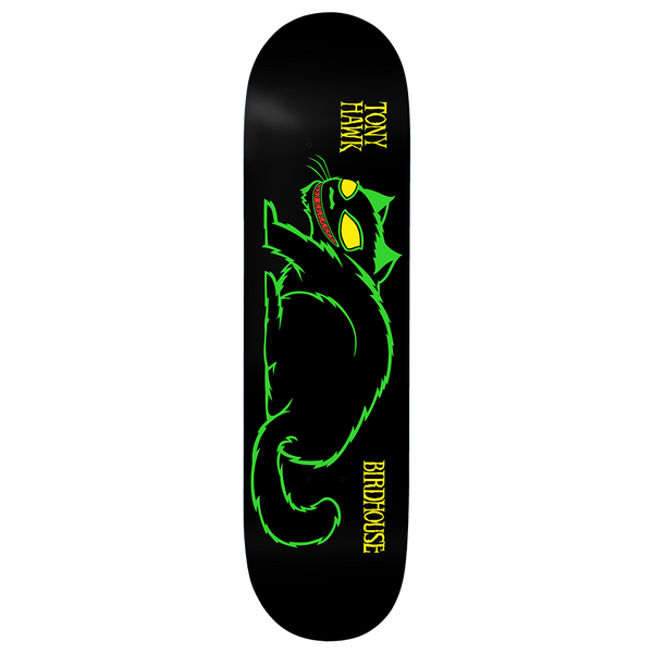 Birdhouse Hawk Evil Cat Horizontal 8.25 skateboard deck: Green outlined cat with yellow eyes and a spiked collar lying along the deck on black, with the rider name and brand in yellow lettering up each side.