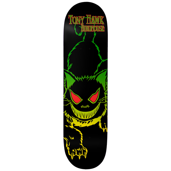 Birdhouse Hawk Evil Cat Vertical 8.0 skateboard deck: Black deck with a crouching cat with glowing red eyes and sharp teeth, outlined in a green-to-yellow gradient. Rider and brand names in red and green lettering at the top.