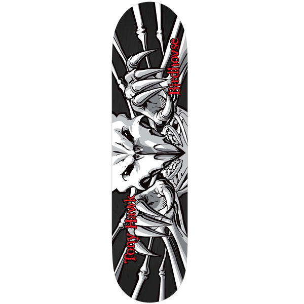 Birdhouse Tony Hawk Falcon 3 Black 8.0 skateboard deck: Black and white illustration of a bird skull with a hooked beak between two clawed talons and skeletal wings on a black deck. Rider name and Birdhouse name in red lettering down the sides.