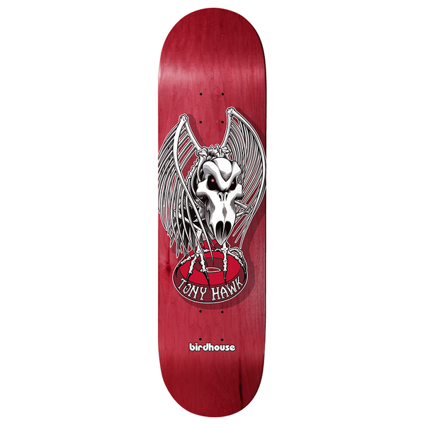 Birdhouse Hawk Falcon 4 8.25 skateboard deck: A skeletal bird with a skull head, red eyes and spread bony wings perched on a red wheel bearing the rider name, on a red wood-stained deck with a small Birdhouse logo at the tail.