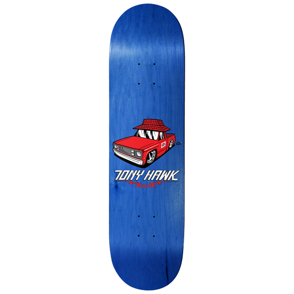 Birdhouse Hawk Hut 8.5 skateboard deck: A red lowrider pickup truck with a red tiled pagoda-style roof on top and fangs in the grille, drawn in cartoon style on a blue stained deck. The rider's name is in white lettering beneath with a red zigzag.