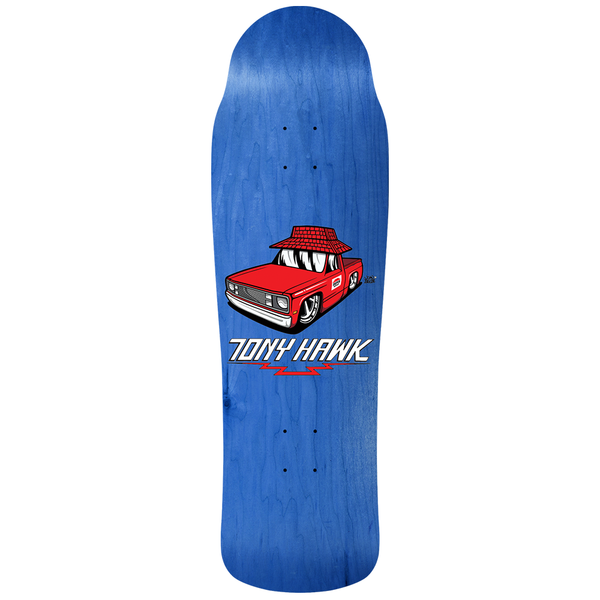 Birdhouse Hawk Hut Shaped 9.5 skateboard deck: A red lowrider pickup truck wearing a red tiled pagoda-style roof, with fangs in the grille, on a blue stained old-school shaped deck. The rider's name is in white lettering beneath with a red zigzag.