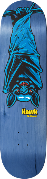 Birdhouse Hawk Remix 8.0 skateboard deck: A blue bat hangs upside down from a branch with its wings wrapped around its body, drawn in a bold cartoon style with black outlines. The rider's name and brand sit in small yellow text below it on a stained blue deck.