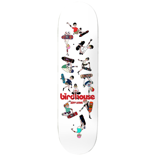 Birdhouse Hawk Retrospective 8.25 skateboard deck: Many small cartoon skaters in different poses and outfits, each with a different vintage-style board, scattered across a white deck. Red Birdhouse logo in the lower half with the rider name beneath.
