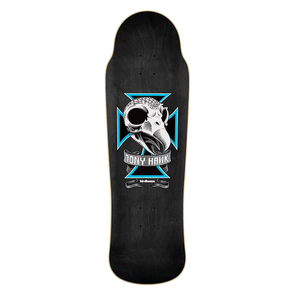 Birdhouse Hawk Skull 2 9.75 skateboard deck: Black-stained old-school shaped deck with a bird skull in front of a blue and black iron cross, with a grey banner reading the rider's name. Small Birdhouse logo below.
