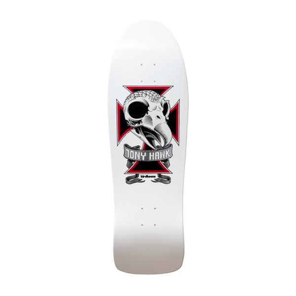 Birdhouse Hawk Skull 2 Old School 10.25 skateboard deck: A bird skull on a red and black Maltese cross with a grey banner carrying the rider's name, on a white old-school shaped deck. Small Birdhouse text beneath.