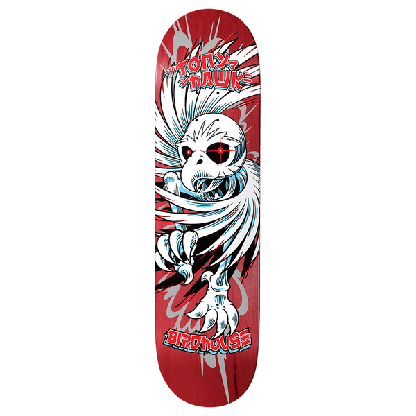 Birdhouse Hawk Spiral 8.0 skateboard deck: White skeletal hawk with red crosshair eyes, wings spread and talon raised, drawn in comic style over a red stained deck with grey burst shapes. Tony Hawk name in Japanese-style lettering above and the Birdhouse logo below.