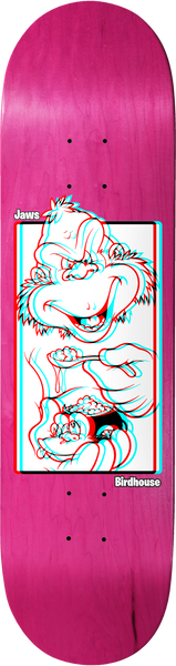 Birdhouse Jaws 3D Animals 8.38 skateboard deck: Outline cartoon of a grinning gorilla eating cereal from a bowl with a spoon, rendered in a red and cyan 3D anaglyph effect inside a white panel on a pink stained deck. Small Jaws and Birdhouse labels.