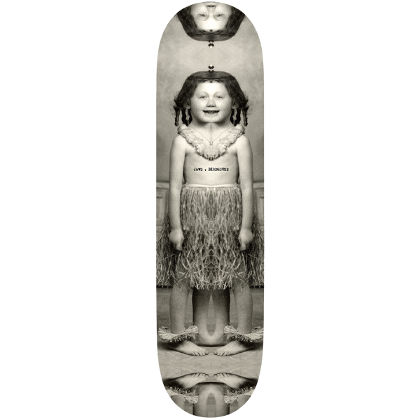Birdhouse Jaws Beautiful Mutants 8.125 skateboard deck: Sepia vintage photograph of a smiling girl in a grass skirt, mirrored top and bottom so a second upside-down head and feet appear at each end. Small typewriter text on her chest reads Jaws . Birdhouse.