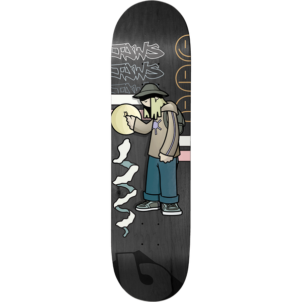 Birdhouse Jaws Been Here 8.475 skateboard deck: Cartoon figure in a bucket hat and backpack sprays a glowing yellow circle on a wall, with smoke wisps below and graffiti-style Jaws tags, stripes and a smiley outline at the top of a black wood-stained deck.