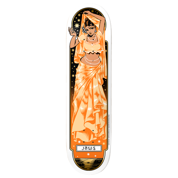 Birdhouse Jaws Divine Aura 8.25 skateboard deck: Art nouveau style illustration of a woman in an orange sari with arms raised, framed by a starry night arch with a stylised sea at the foot. Name plaque near the bottom on a white deck.