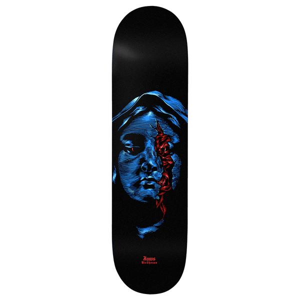 Birdhouse Jaws Duality 8.38 skateboard deck: Black deck with a blue engraved-style face of a hooded Madonna-like figure, half covered by a red thorny vine or serpent. Rider and brand names in small red lettering at the tail.