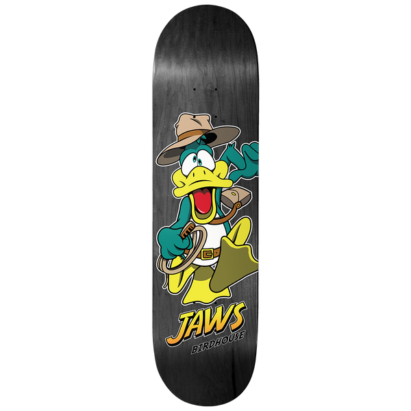 Birdhouse Jaws Duck Jones 8.38 skateboard deck: Grey-stained deck with a cartoon duck dressed as an adventurer in a fedora, satchel and belt, coiling a whip and looking startled. Jaws and Birdhouse lettering sits at the bottom.