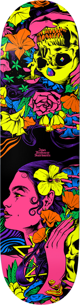 Birdhouse Jaws Emotions 8.25 skateboard deck: Blacklight-style illustration of a woman in profile with a yellow hibiscus in her hair, hand raised, below a yellow skull wreathed in roses, lilies and mushrooms. Small Jaws Birdhouse Skateboards logo in the centre.
