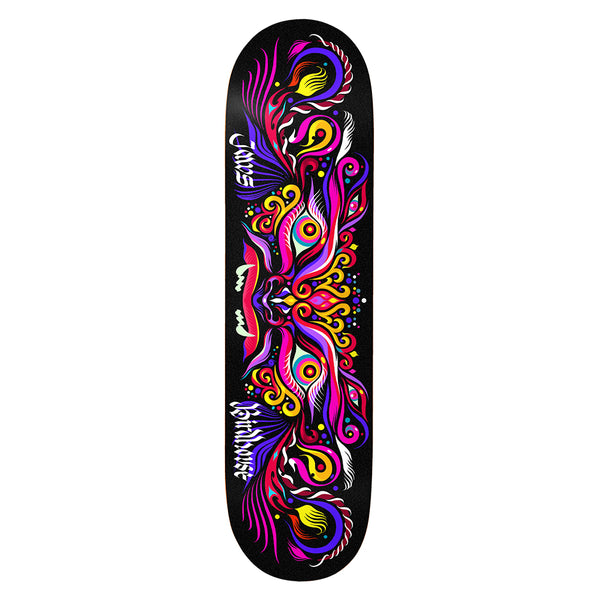 Birdhouse Jaws Entities 8.38 skateboard deck: Black deck with a symmetrical, ornate psychedelic pattern of swirling flames, eyes and curling forms in pink, purple, yellow and blue. Blackletter-style names run along each side.