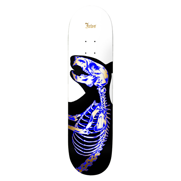 Birdhouse Jaws Golden Remains 8.38 skateboard deck: X-ray style blue and gold skeleton of a howling dog or wolf, set against a black silhouette on a white upper deck. Jaws name in small gold gothic lettering at the top.