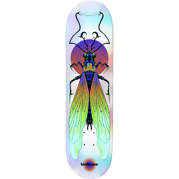 Birdhouse Jaws Ilham Insects 8.38 skateboard deck: A detailed illustration of a winged insect with iridescent green, yellow and orange wings in front of a purple and orange sun. Jaws lettering sits at the top, on a pearly holographic white background.