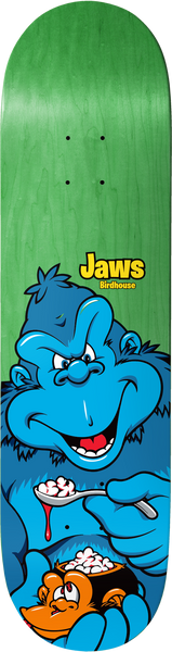 Birdhouse Jaws Remix 8.25 skateboard deck: A grinning blue gorilla in a cartoon style eats from a spoon of marshmallow cereal, holding a bowl in which a small orange monkey peers up. The rider's name and brand sit in yellow at the top left of the green stained deck.