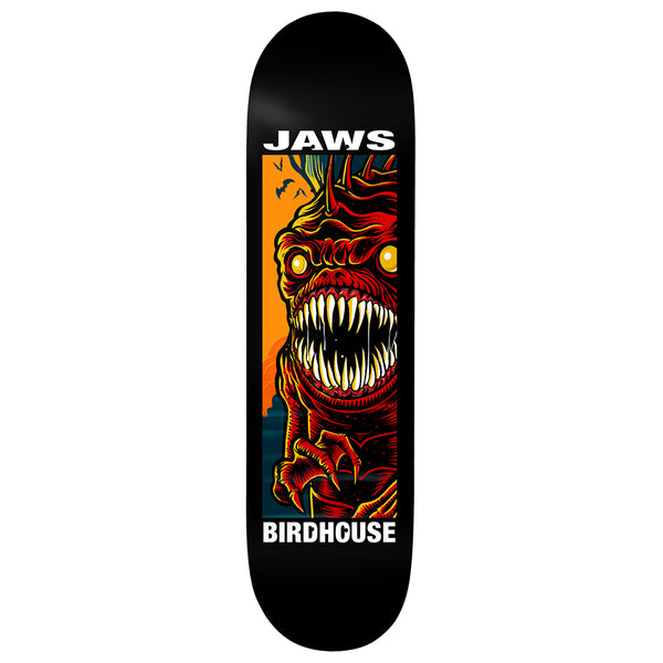 Birdhouse Jaws Second Life 8.475 skateboard deck: A red, spiky, many-toothed monster with yellow eyes and drooling jaws looms in front of an orange sky and bats, framed on a black deck with white name and brand text.