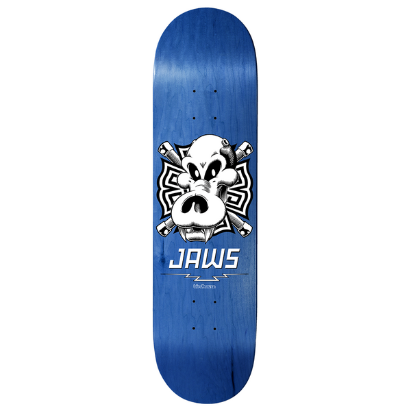 Birdhouse Jaws Skull 8.25 skateboard deck: Black and white cartoon hippo-like skull with fangs and crossed bones over a maltese-cross pattern, JAWS in white capitals beneath with a lightning bolt line, on a blue stained deck.