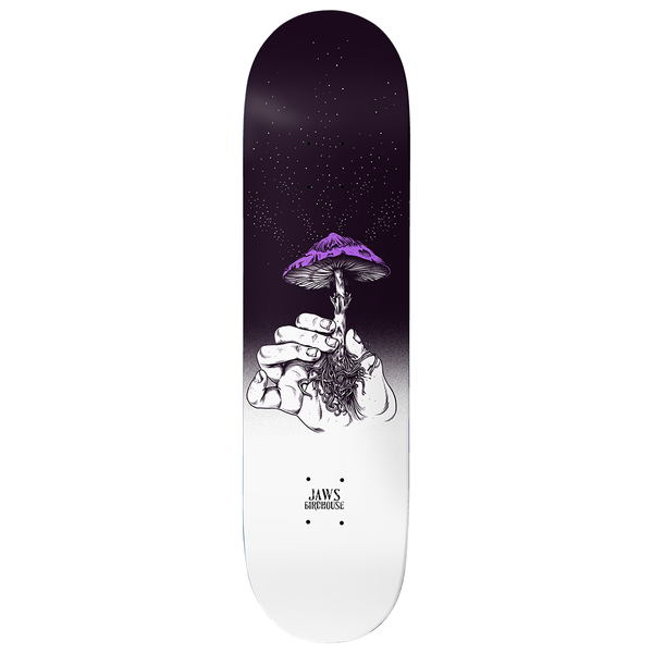 Birdhouse Jaws Teacher Purple 8.25 skateboard deck: Two hands cradle a purple-capped mushroom with trailing roots, rising against a starry dark purple sky that fades to white at the tail. Small Jaws and Birdhouse text near the bottom.