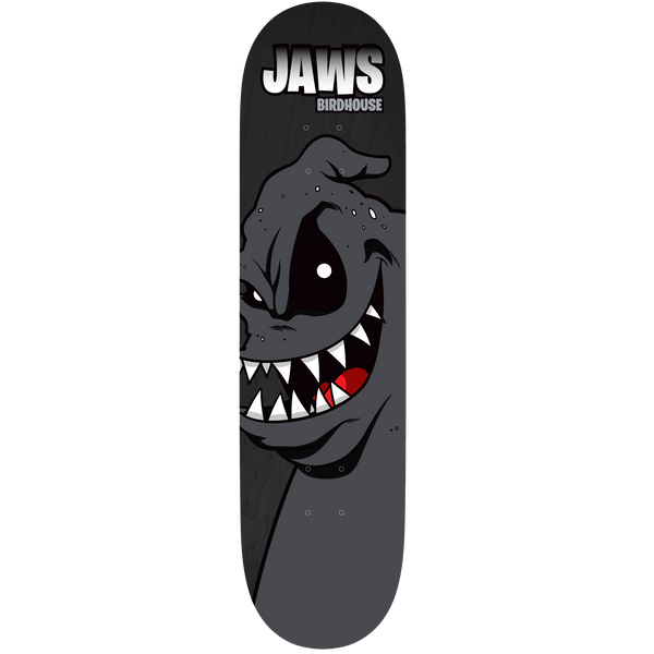 Birdhouse Jaws Yuk Mouth Black 8.38 skateboard deck: Dark grey deck with a cartoon grey monster peeking in from the left edge, grinning with sharp white teeth and a red tongue. The Jaws and Birdhouse logo sits at the top.