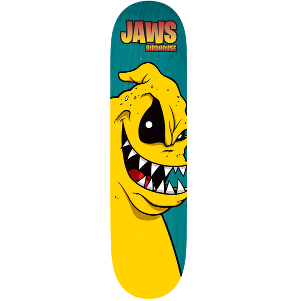 Birdhouse Jaws Yuk Mouth 8.38 skateboard deck: A cartoon yellow monster with a menacing grin, sharp white teeth and black eye fills the lower half of a teal deck. A Jaws title in red and yellow lettering with the Birdhouse name sits at the top.